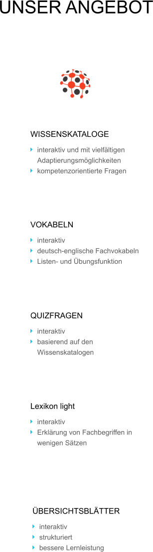 UNSER ANGEBOT  WISSENSKATALOGE 	interaktiv und mit vielfltigen Adaptierungsmglichkeiten 	kompetenzorientierte Fragen VOKABELN 	interaktiv 	deutsch-englische Fachvokabeln 	Listen- und bungsfunktion QUIZFRAGEN 	interaktiv 	basierend auf den Wissenskatalogen BERSICHTSBLTTER 	interaktiv 	strukturiert 	bessere Lernleistung Lexikon light 	interaktiv 	Erklrung von Fachbegriffen in wenigen Stzen